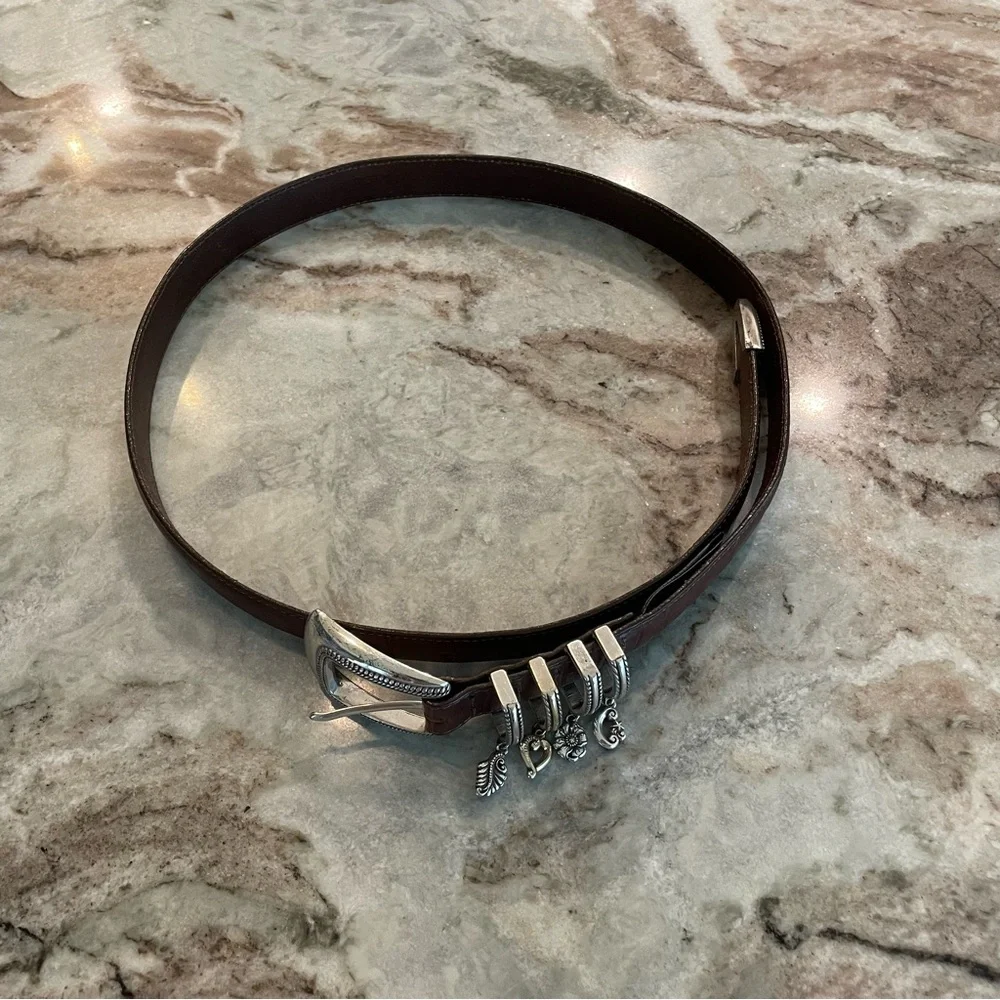 Brighton Brown Leather Charm Belt M/L 32 Silver hardware